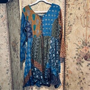 NWT Sacred Threads Patchwork Lace-Up Tunic Dress in Blue & Brown Size S/M